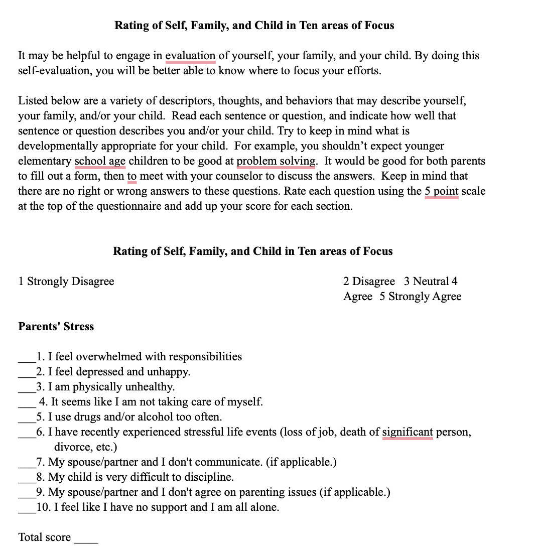 Rating of Self, Family, and Child in Ten Areas of Focus