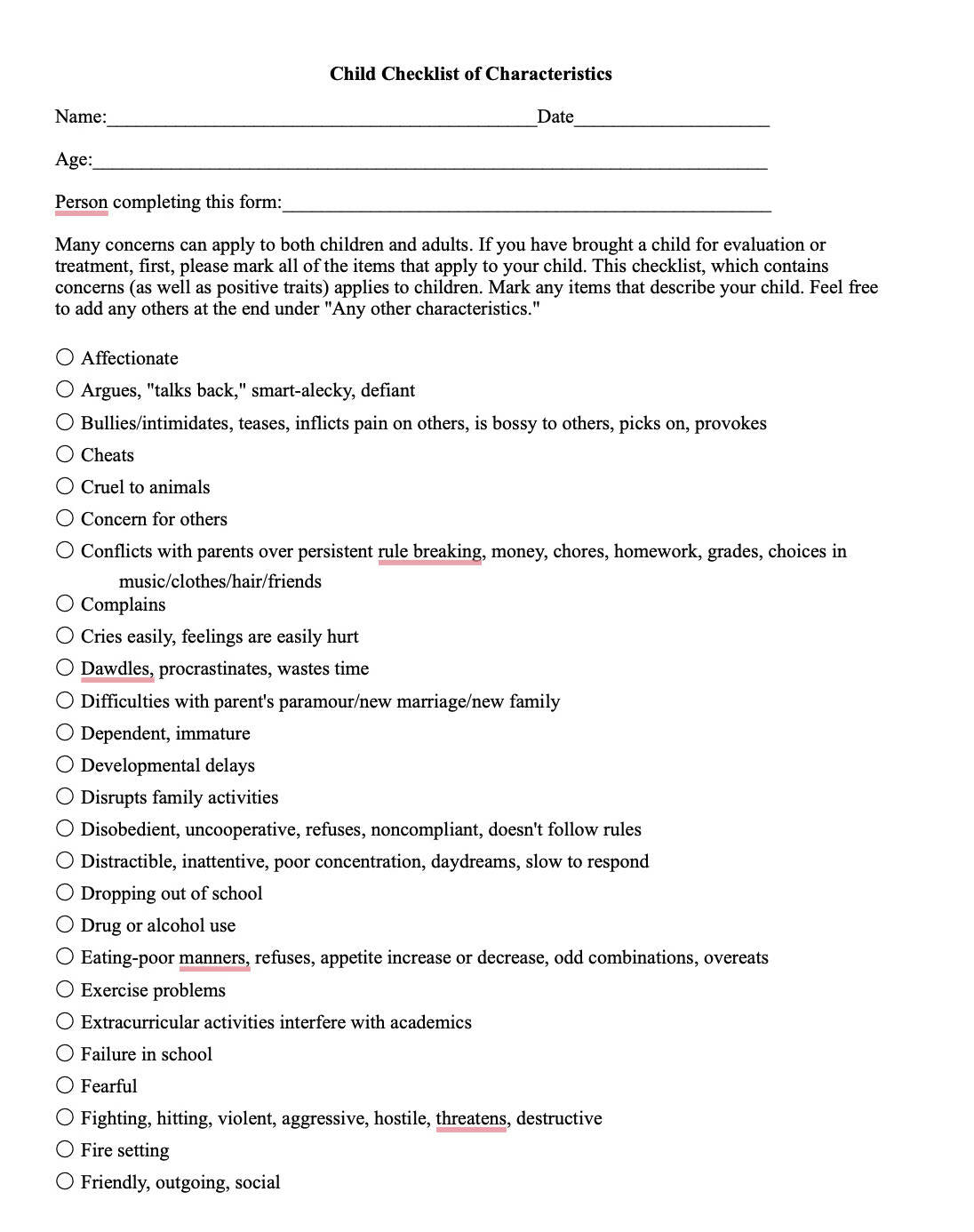 Children's Characteristics Checklist