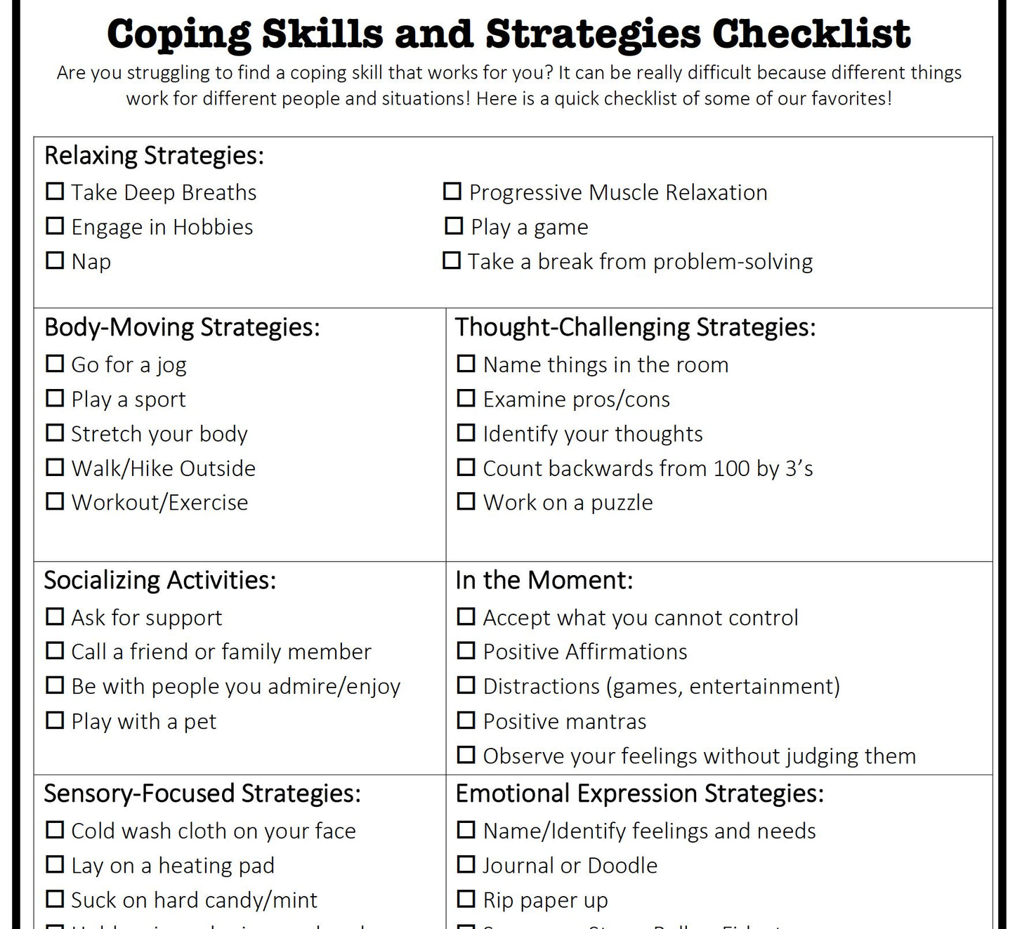 Basic Coping Skills Checklist