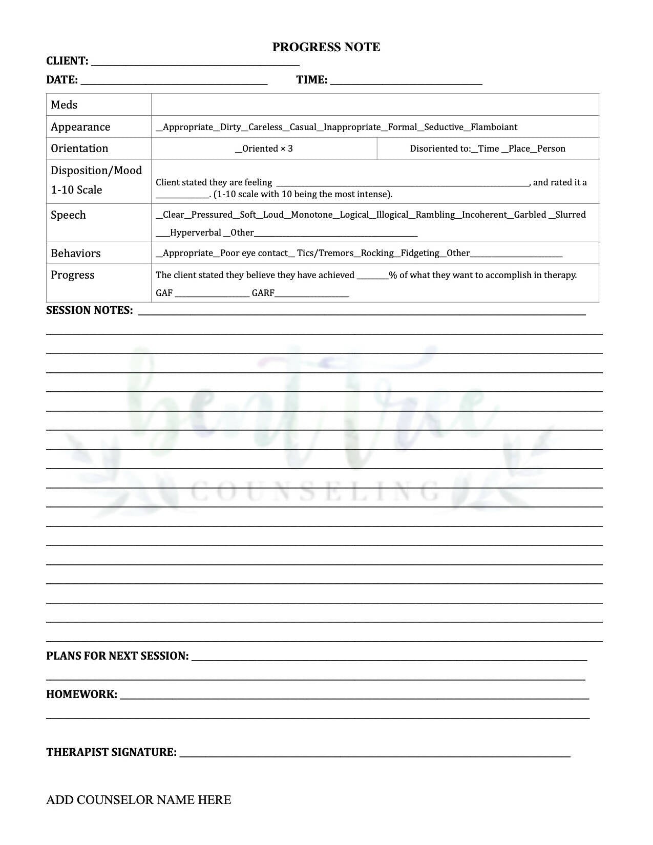 Editable Progress Note – Just Counseling Things