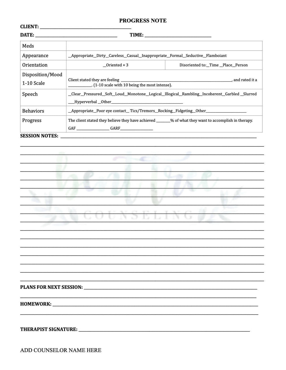 Progress Note Lab Editable Progress Note – Just Counseling Things