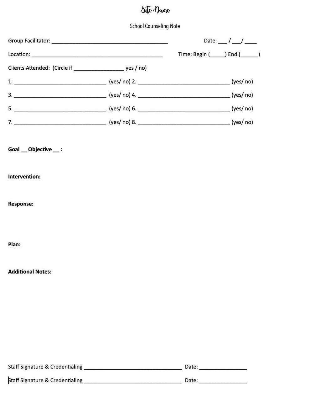 Group Note Form Group Counseling Note – Just Counseling Things