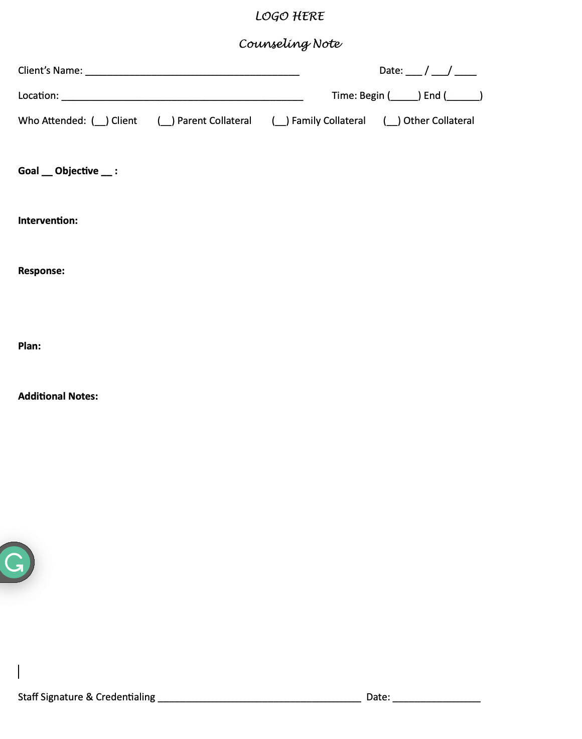Basic Progress Note